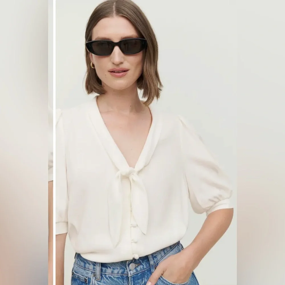 New Reformation Joelle Tie Neck Button-Up Blouse in Gossamer ✨🔥🔥 no 🏷️ XS